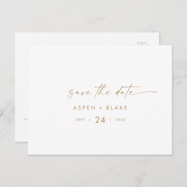 Modern Gold Script Horizontal Save the Date Invitation Postcard (Front/Back)