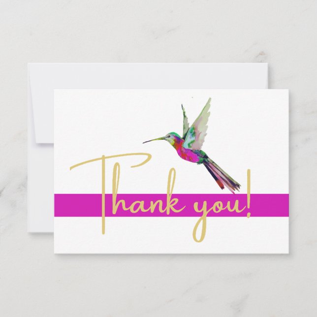 Modern Gold  Script Hummingbird Watercolor Pink  Thank You Card (Front)
