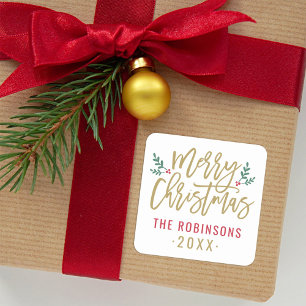 Modern Gold Script Merry Christmas Family Name Square Sticker