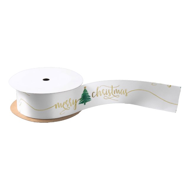 Modern Gold Script Merry Christmas Tree Satin Ribbon (Spool)