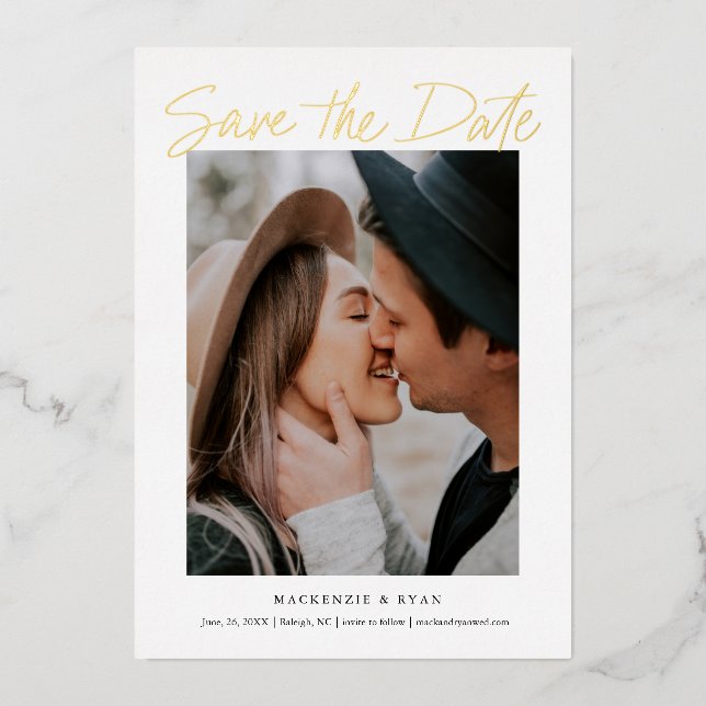 Modern Gold Script Minimal Photo Save the Date Foil Invitation (Front)