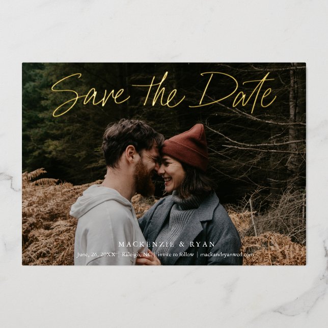 Modern Gold Script Minimal Photo Save the Date Foil Invitation (Front)