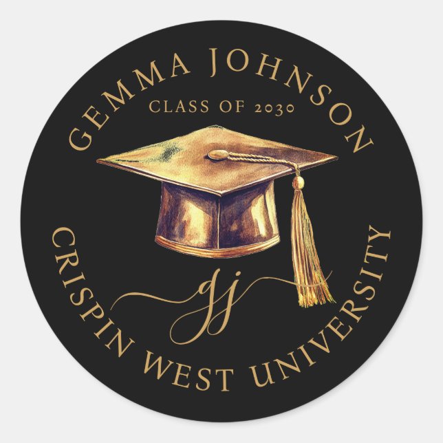 Modern Gold Script Minimalist Graduation Black  Classic Round Sticker (Front)