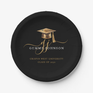 Modern Gold Script Minimalist Graduation Black Paper Plates