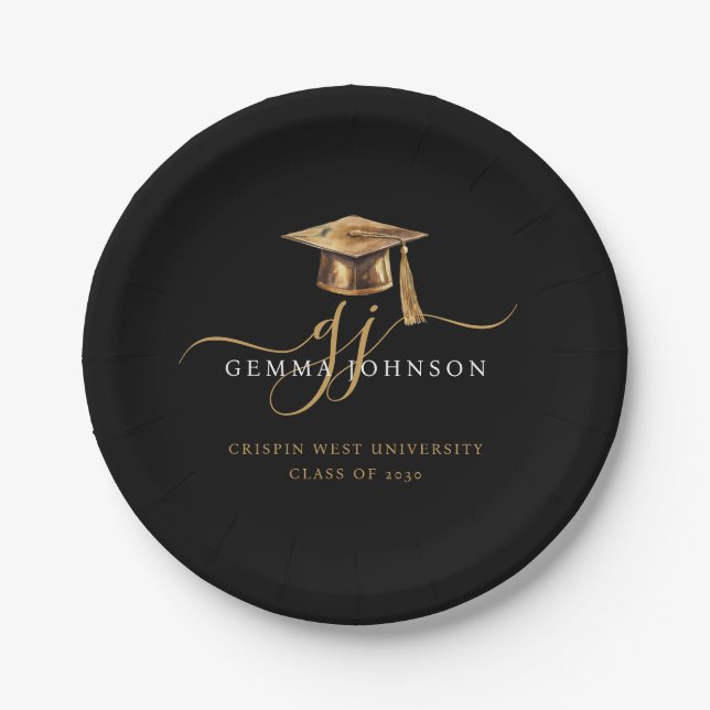 Modern Gold Script Minimalist Graduation Black Paper Plates (Front)