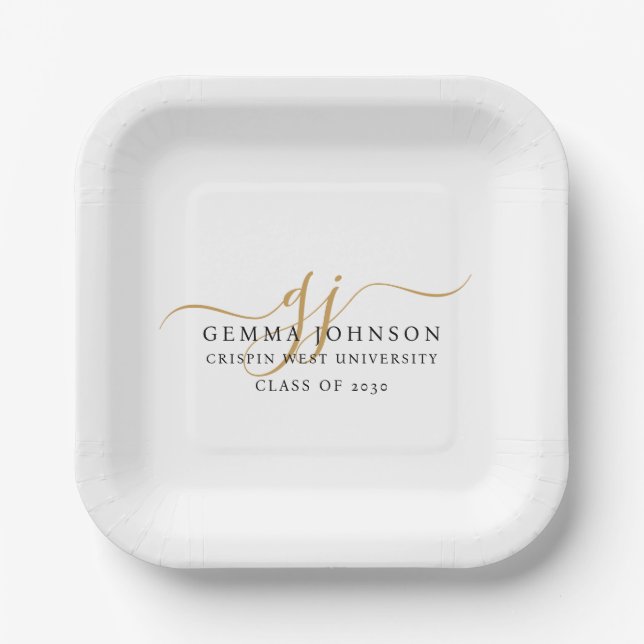 Modern Gold Script Minimalist Graduation Paper Plates (Front)