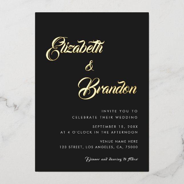 Modern Gold Script Monogram All in One Wedding Foil Invitation (Front)