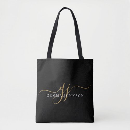 Modern Gold Script Monogram Initials Black Tote Bag