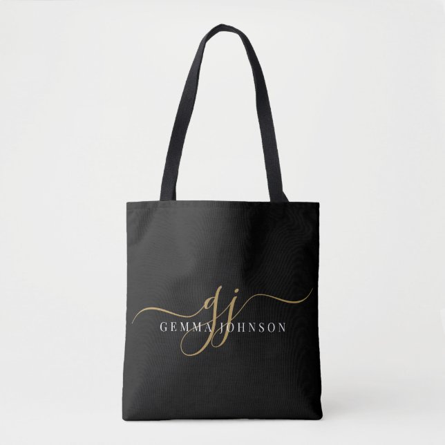 Modern Gold Script Monogram Initials Black Tote Bag (Front)