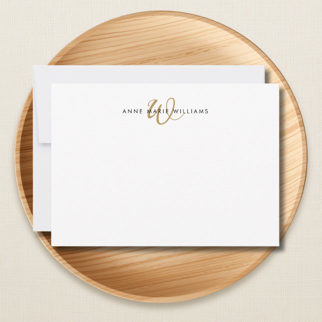 Modern Gold Script Monogram Note Card (Creator Uploaded)