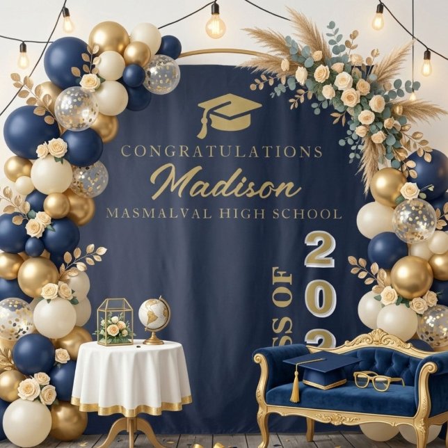  Modern  Gold Script Navy Blue Graduation Tapestry (Creator Uploaded)