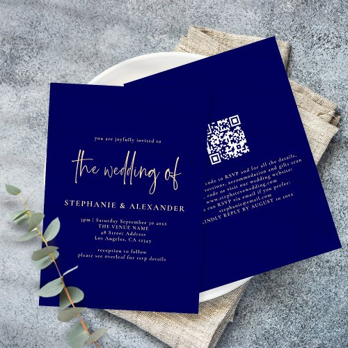 Modern Gold Script Navy Blue QR Code Wedding Invitation