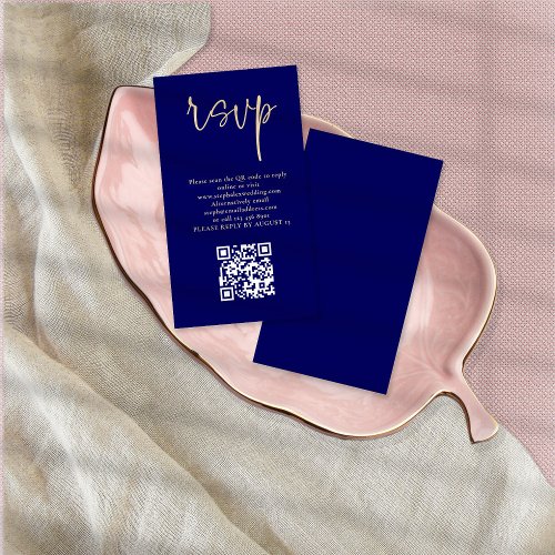 Modern Gold Script Navy Blue QR Code Wedding RSVP  Enclosure Card