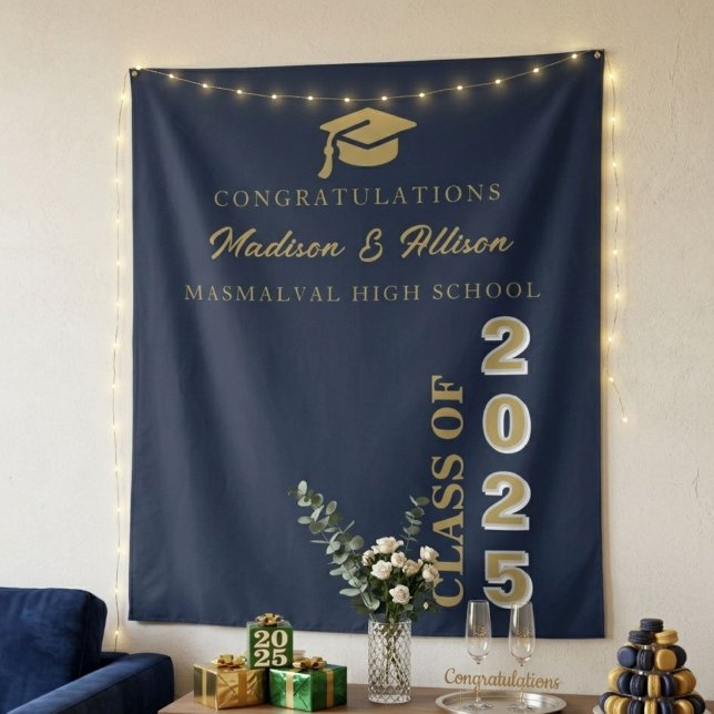  Modern Gold Script Navy Blue Twin Graduation Tapestry (Creator Uploaded)