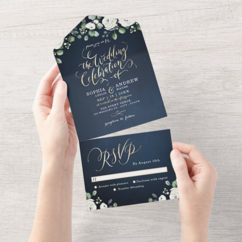 Modern gold script navy blue white floral wedding all in one invitation