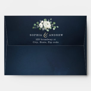 Modern gold script navy blue white floral wedding envelope