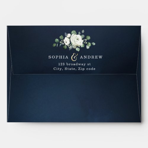 Modern gold script navy blue white floral wedding envelope