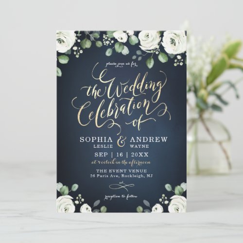 Modern gold script navy blue white floral wedding invitation