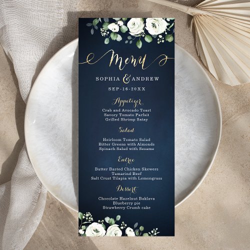 Modern gold script navy blue white floral wedding menu