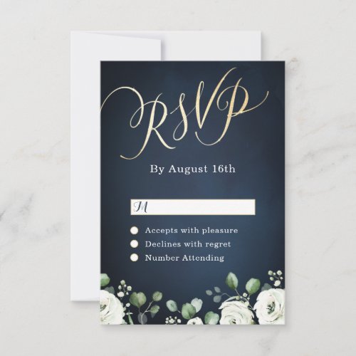 Modern gold script navy blue white floral wedding RSVP card