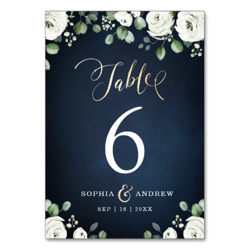 Modern gold script navy blue white floral wedding table number