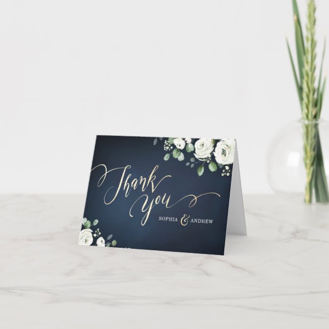 Modern gold script navy blue white floral wedding thank you card (Front)