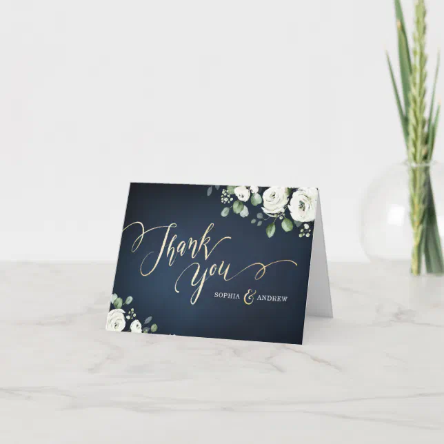 Modern gold script navy blue white floral wedding thank you card | Zazzle