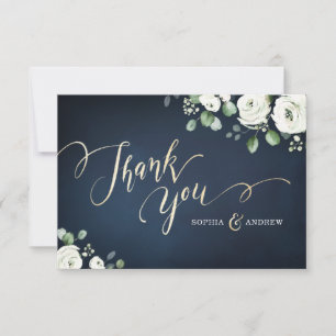 Modern gold script navy blue white floral wedding thank you card