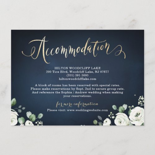 Modern gold script navy white floral accommodation enclosure card