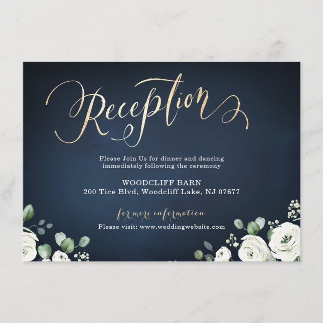 Modern gold script navy white floral reception enclosure card (Front)