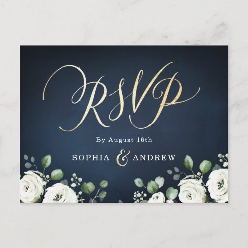 Modern gold script navy white floral wedding RSVP Invitation Postcard