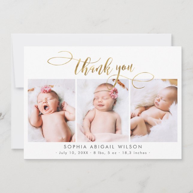 Modern Gold Script Newborn 3 Baby Photo Thank You (Front)