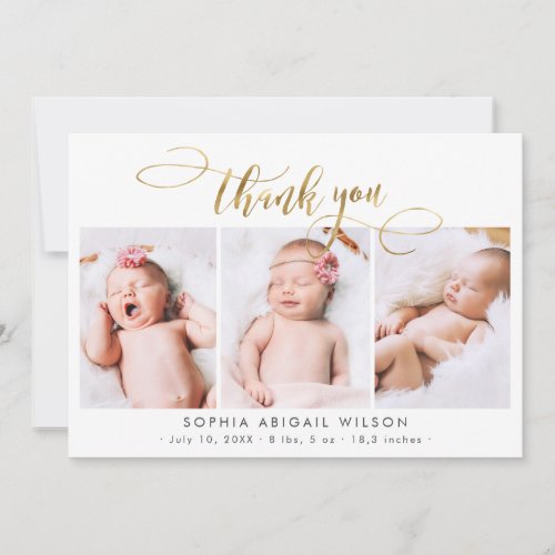 Modern Gold Script Newborn 3 Baby Photo Thank You