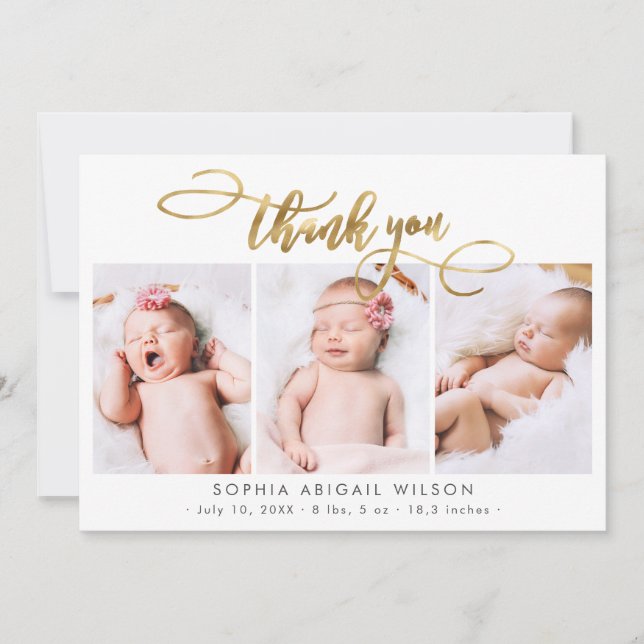 Modern Gold Script Newborn 3 Baby Photo Thank You Card (Front)