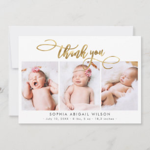 Modern Gold Script Newborn 3 Baby Photo Thank You Card