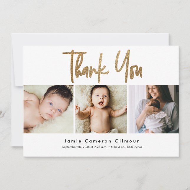 Modern Gold Script Newborn Baby Photo Collage Announcement (Front)