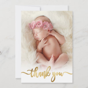 Modern Gold Script Newborn Baby Photo Thank You Card