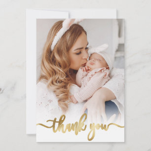 Modern Gold Script Newborn Baby Photo Thank You Card