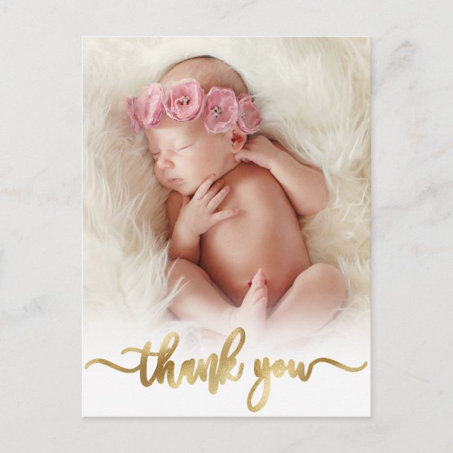 Modern Gold Script Newborn Baby Photo Thank You  Postcard (Front)