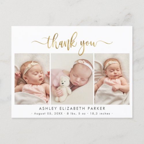 Modern Gold Script Newborn Photo Collage Thank You Postcard