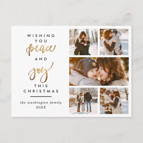 Modern Gold Script Peace  Joy Christmas 5 Photo Postcard