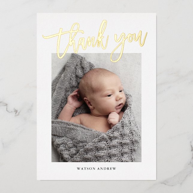 Modern Gold Script Photo Baby Thank You Foil Invitation (Front)