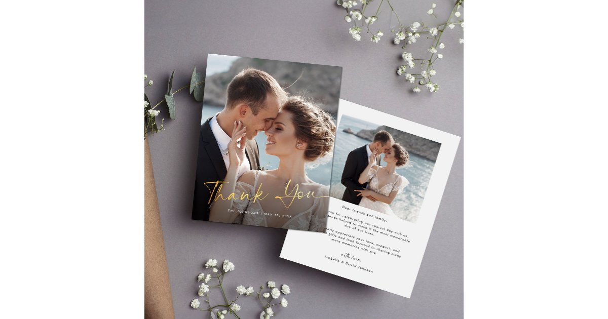 Modern Gold Script Photo Budget Wedding Thank You | Zazzle