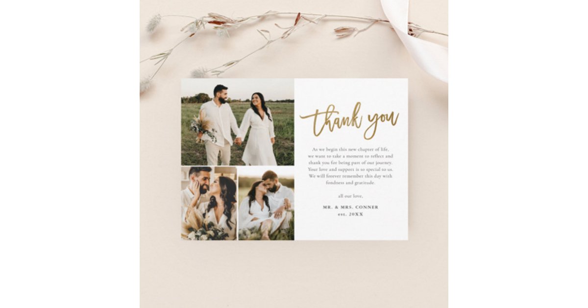 Modern Gold Script Photo Collage Wedding Thank You Card | Zazzle