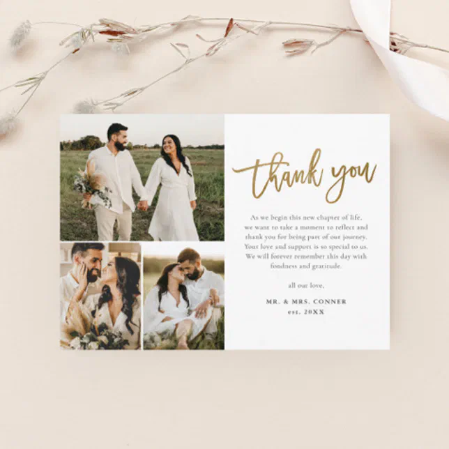 Modern Gold Script Photo Collage Wedding Thank You Card | Zazzle