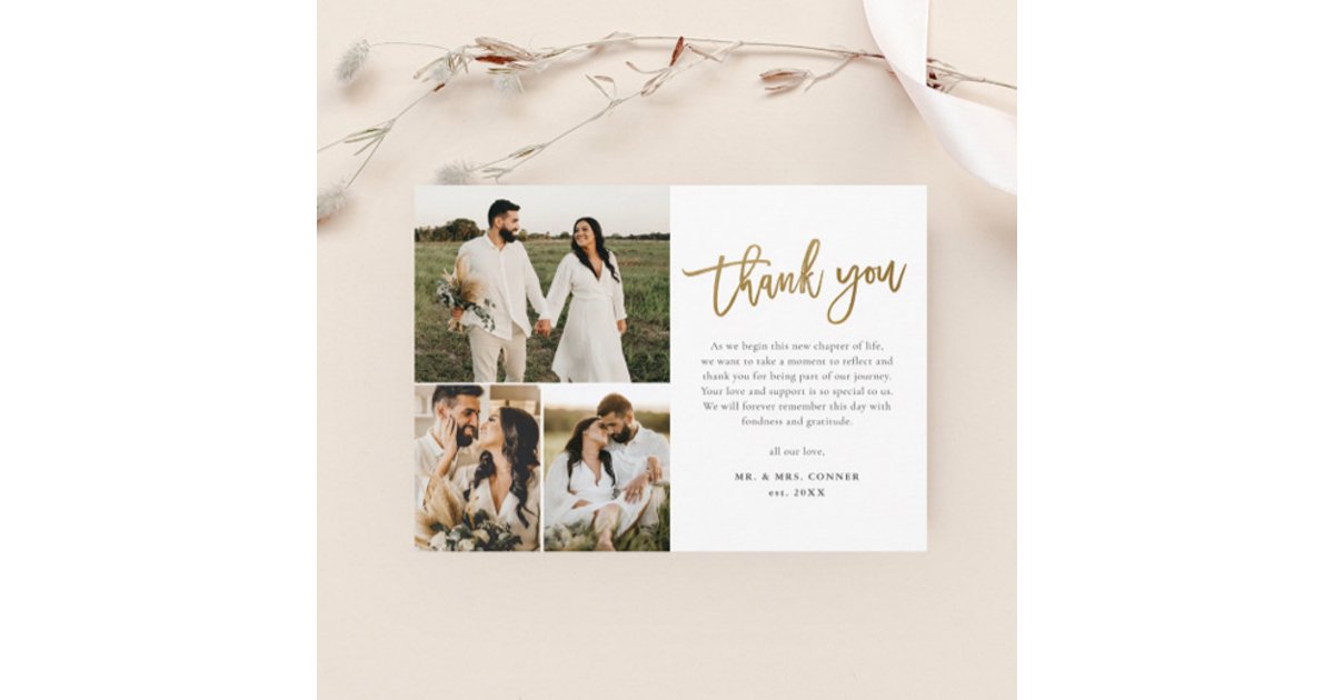 Modern Gold Script Photo Collage Wedding Thank You Postcard | Zazzle