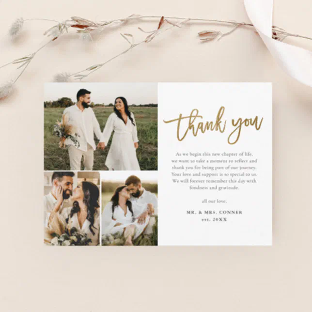 Modern Gold Script Photo Collage Wedding Thank You Postcard | Zazzle
