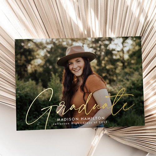 Modern Gold Script Photo Graduation Announcement