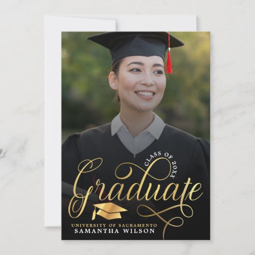 Modern Gold Script Photo Graduation Invitation | Zazzle