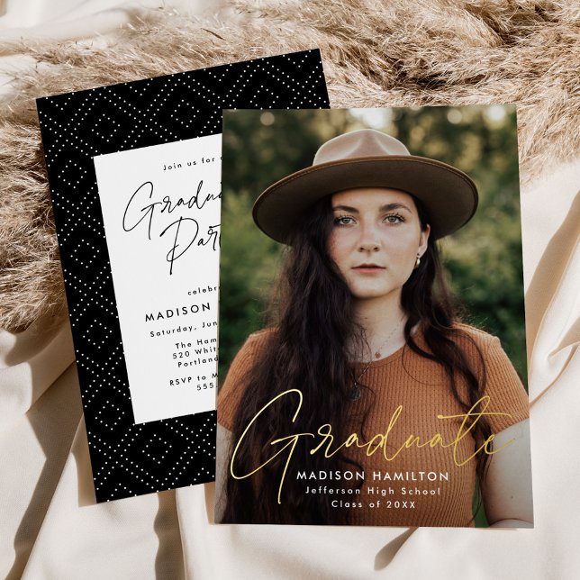 Modern Gold Script Photo Graduation Party Foil Invitation (Creator Uploaded)